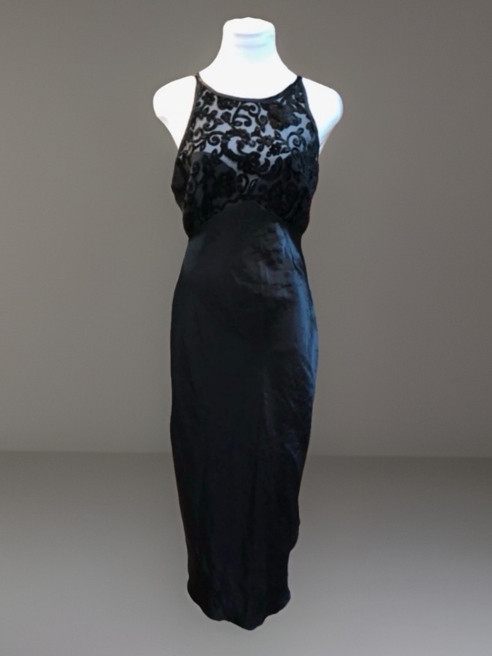 VTG 80-90s sz M Black Burnout SEXY Evening LONG Versatile Slip Night Gown Dress